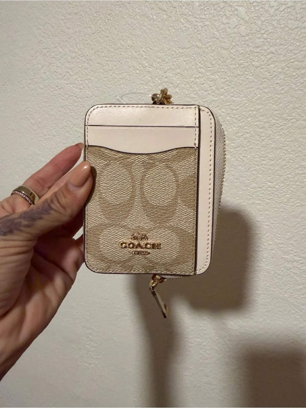 Coach Beige Signature Zip Card Case with Cream Trim